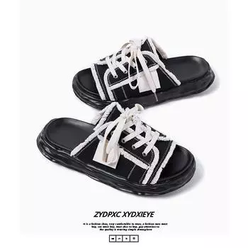 New niche design one-word version men s slippers muffin bottom height increase versatile casual breathable slippers 4888-R 38 чёрный