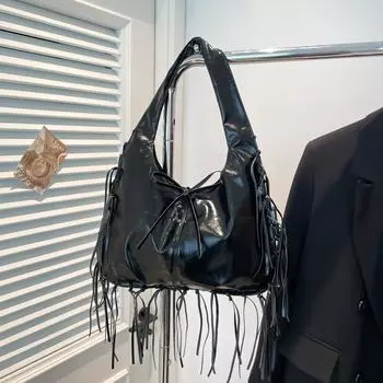 New niche tote bag women s fashion versatile large-capacity shoulder underarm bag premium tassel bag чёрный