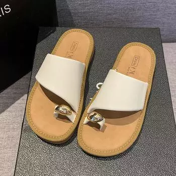 New one-pedal toe slippers women s summer wear metal buckle versatile flat bottom one-word cool slippers 35