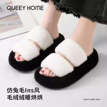 New open toe fluffy slippers women fashion fur home shoes two bands furry sandal woman plush indoor thick sole slides flip flops 36-37