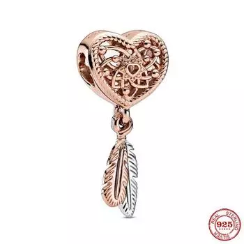 Новый оригинальный серебряный цвет ажурное сердце и два пера бусины шарм подходит для европейской моды шармы браслеты Diy ювелирные изделия P021