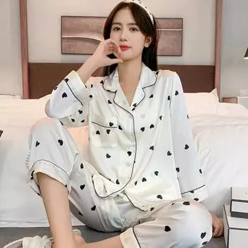 New Pajamas Women s Summer Thin Section of Ice Silk Long-Sleeved Senior Sense of Simulation Silk Home Wear Suit M белый