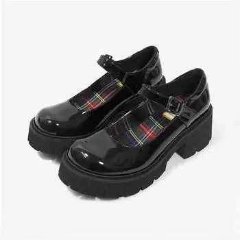 New Patent Leather Platform Mary Janes Shoes Women Plaid Inside High Heel Pumps Round Toe Punk Gothic Shoes Luxery Shoes Women 33