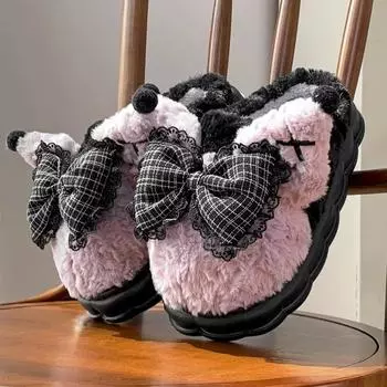 Новые женские плюшевые тапочки с узором, женские теплые и мягкие тапочки с бантом, женская толстая зимняя домашняя обувь из хлопка, женские тапочки с обхватом носка 36-37