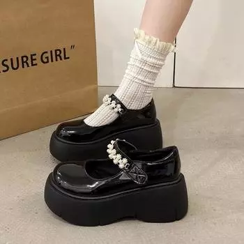 New pearl buckle Lolita shoes women PU Leather Platform Mary Jane shoes women Preppy style Chunky Sole Punk JK uniform shoes 4.5