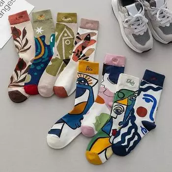 New Personality tide socks fashion ins trend graffiti sports couple socks in the tube letter embroidery Cotton medium tube socks Brown