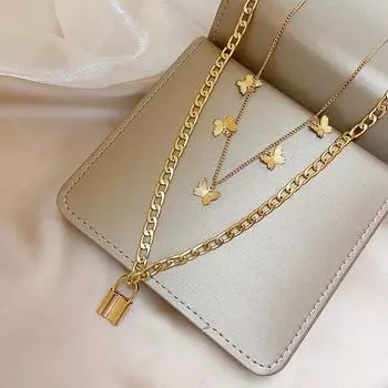 New Personalized Golden Butterfly Pendant Necklace, Creative Lock Pendant Stacked with Multi-layer Collarbone Chain for Women золотой