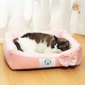 New Plaid Square Kennel and Cat Kennel for All Seasons Cute and Comfortable Dog Mat with Bow Shape S 35*25