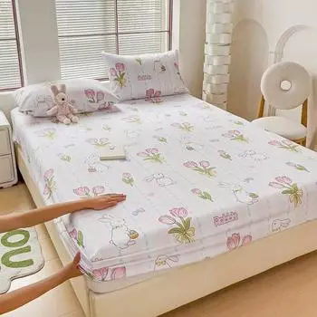 New Plant Cashmere Single Bed Bonnet Printed Cartoon Bedspread with Elastic Skin-friendly Sheet Set for Students 200x200 137x193 137x193x25cm 1pcs