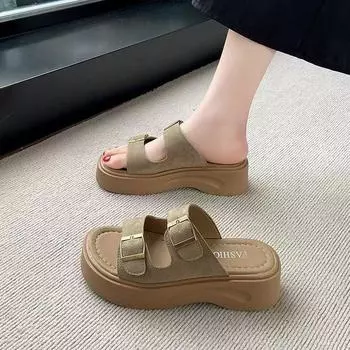 New platform shoes one-word slippers women s outer wear summer skirt casual beach cool slippers 35 хаки