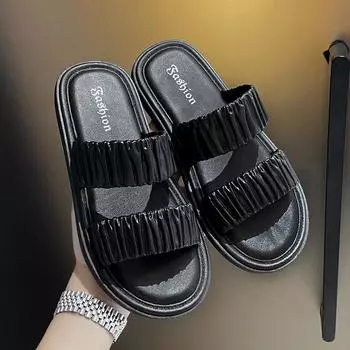 New pleated slippers women s summer wear two with fashion and leisure thick-bottomed non-slip beach cool slippers 36/37 чёрный