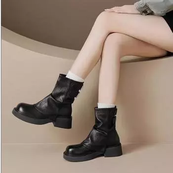 New pleated stacked boots pant tube boots soft leather thick-soled Martin boots versatile brown short boots women 35