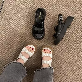 New pleated word with platform sandals women, big head buckle beach sandals women s Sandals 35 белый