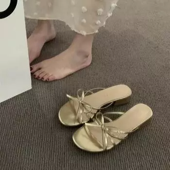 New Plus Size Women s Shoes Bow Strapsy Sandals Women s Summer Soft Sole Breathable Beach Slippers 35 золотой