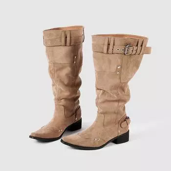 New pointed big tube circumference high heel stacking boots retro western cowboy boots thick heel boots women s boots 35