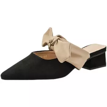 New Pointed Female Butterfly-Knot Women 2024 Slippers Casual Square Heel Loafers 35 чёрный