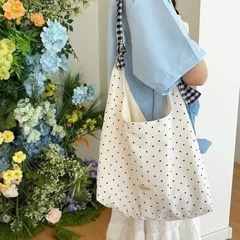 Новая холщовая сумка в горошек, женская сумка большой вместимости, студенческая холщовая сумка, нишевая сумка через плечо