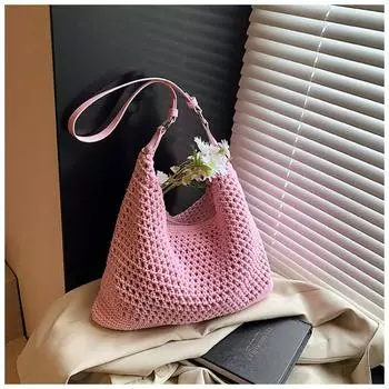 New popular beach bag female senmeng summer weaving seaside vacation weaving bag shoulder armpit bag розовый
