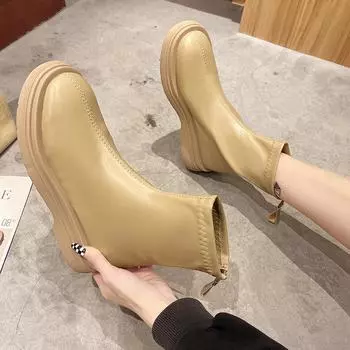 New Popular Fashionable Chunky Women Luxury Boots Fashion Back Zippers Thick Heel Short Boots Retro Street Style Female Shoes 35 бежевый