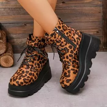 New Popular Lace Up Zipper Women Boots Round Toe Mixed Colors Leopard Print Platform Water Proof Fashion Boots Shoes for Women 35
