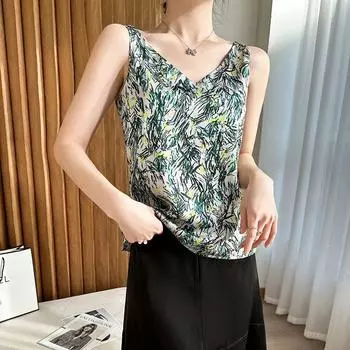 New Popular off-the-Shoulder Small Sling Silk 3D Print Big size women Boutique Inner wear Sexy V-neck High-End Vest D83 Champagne XXL