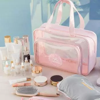 New Portable Cosmetic Bag Wet And Dry Separation Travel Storage Bag Waterproof Transparent Cosmetic Storage Bag бежевый