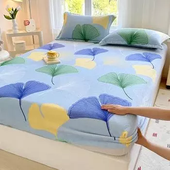 New Printed Milk Velvet Single Item Bed Hat Thickened Warm Autumn/winter Bedspread 360 Degree Wrap with Elastic Mattress Cover Only 2 pillowcases