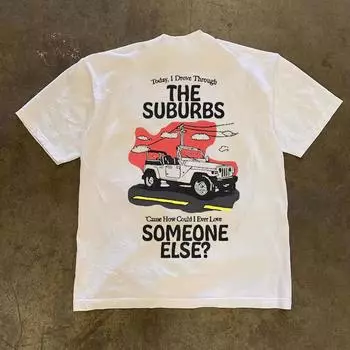 New Pure Cotton Print Suburbs Jeep Casual Short-Sleeved Men s Daily Party Home Social T-Shirt Solid Color Vintage Streetwear S