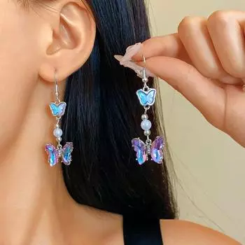 New purple crystal butterfly earrings simple temperament long butterfly earrings girl s party gift