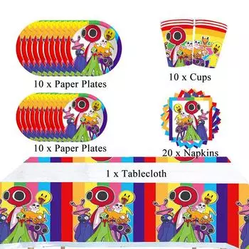 New Rainbow Friends Party Tableware Set includes Cups Plates Napkins Tablecloth