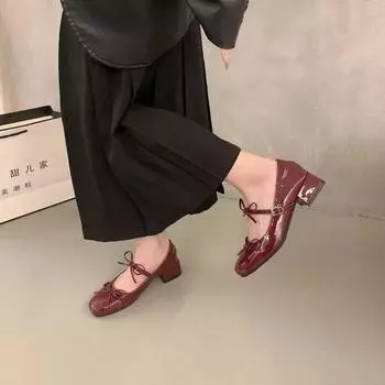 New Red Mary Jane Women Pumps Thick High Heels Shoes Female Lolita Square Toe Shoes Spring Fashionable Party Leather Woman Shoes 35
