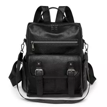 New retro backpack, fashionable soft leather college student model. чёрный