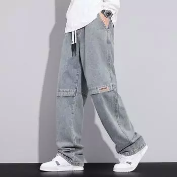 Новые ретро синие мужские джинсы большого размера с широкими штанинами и завязками, повседневные прямые джинсы из хлопка 6XL 7XL 8XL XXL серо голубой