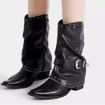 New Retro Boots Popular Flame Rivet Pleated Knight Boots Women Pointed Toe Chunky Heel Belt Buckle Black Leather Mid Calf Boots 35