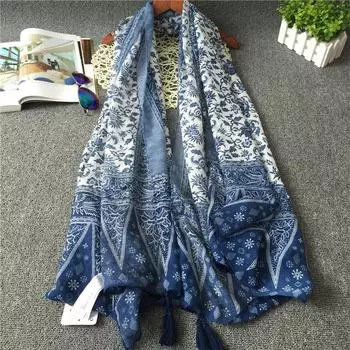 Новый ретро-шарф для путешествий в этническом стиле, художественный и свежий, зашифрованная балийская марля, шарф с кисточками из синего и белого фарфора, шаль 180*100