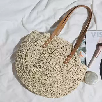 New retro round straw bag summer niche vacation woven hollow ethnic style shoulder beach bag