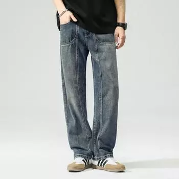 New Retro Straight Jeans Men s American High Street Loose Wide-leg Floor Pants 28