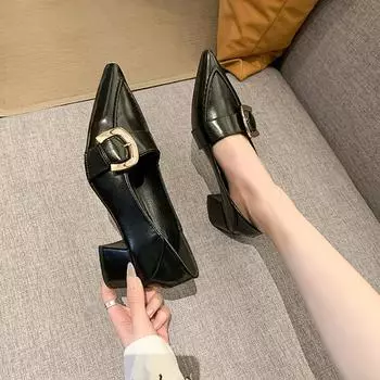 New Retro Two Wear Leather Shoes New Spring Pumps Shallow Mouth Mary Jane Casual Shoes Thick Middle Heel Pointed Toe Women Shoes 35 чёрный