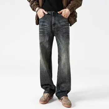 New Retro Washing American High Street Bark Wrinkle Design Loose Straight Jeans 28 синий