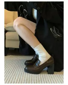 New retro women s shoes high-heeled small leather shoes women s thick-soled one-pedal thick-heeled single shoes 35 темно-коричневого