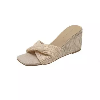 New retro woven open-toed wedge heels high heels women s fashion versatile outer wear with skirt one-word cool slippers 39