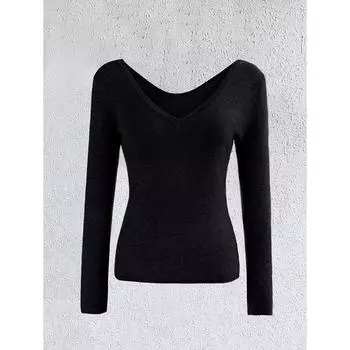 New Reversible V-Neck Long Sleeve Knitted Top Solid Color Round Neck Wool Blend Pullover Sweater Base Shirt S