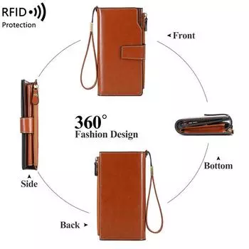 Новый женский кошелек с защитой от кражи RFID, длинный, кожаный ретро-кошелек с покрытием из масляного воска и большой вместимостью, клатч