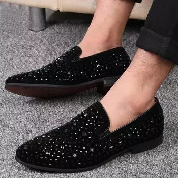 New Rhinestone Sequins Loafers Black Luxury Mens Brand Shoes HighQuality flat trend Casual British style Men Shoes Zapatos 2024 38 чёрный