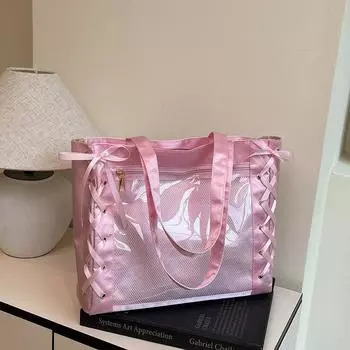 New ribbon pain bag, large-capacity women s day soft sister girl two-dimensional soft leather transparent tote shoulder bag