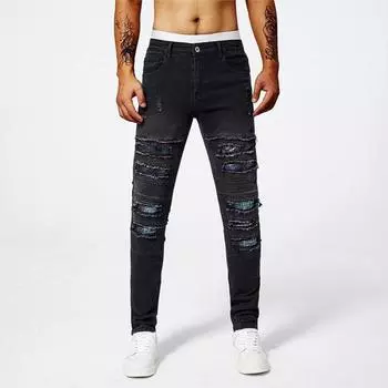 New Ripped Jeans Men s Stretchy Slim Small Feet Thin Quality Casual Trousers Men 29 чёрный