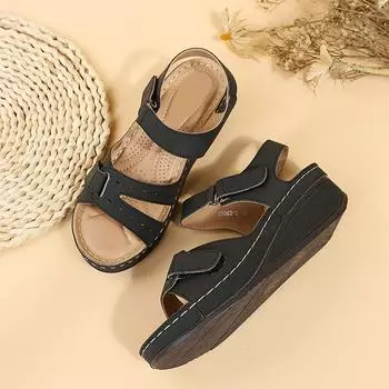 New Roman sandals women s breathable sewing line Velcro big retro solid color platform sandals women 36 чёрный