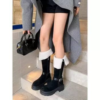 ~ New round head belt buckle knight boots women s autumn and winter versatile thick-soled velvet boots 35