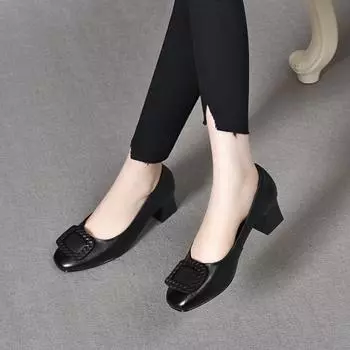 new round head square buckle high heels first layer cowhide shallow mouth thick heel work shoes comfortable square heel women s shoes 35