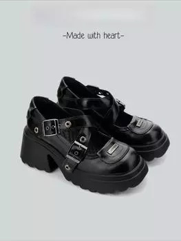 New Round Toe Blet Buckle Women Pumps Square Heels Fashiom Height Increasing Punk Solid Buckle Strap Spring Women Shoes 35